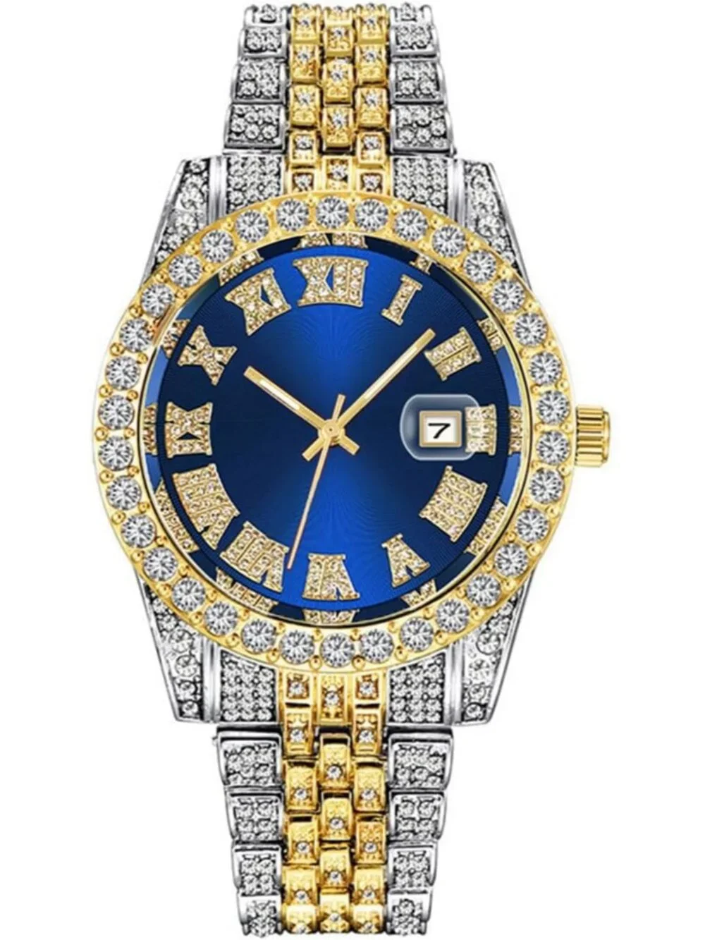Mens Silver Blue Analog Crystal Rhinestone Diamond Iced-Out Bracelet Wrist Watch